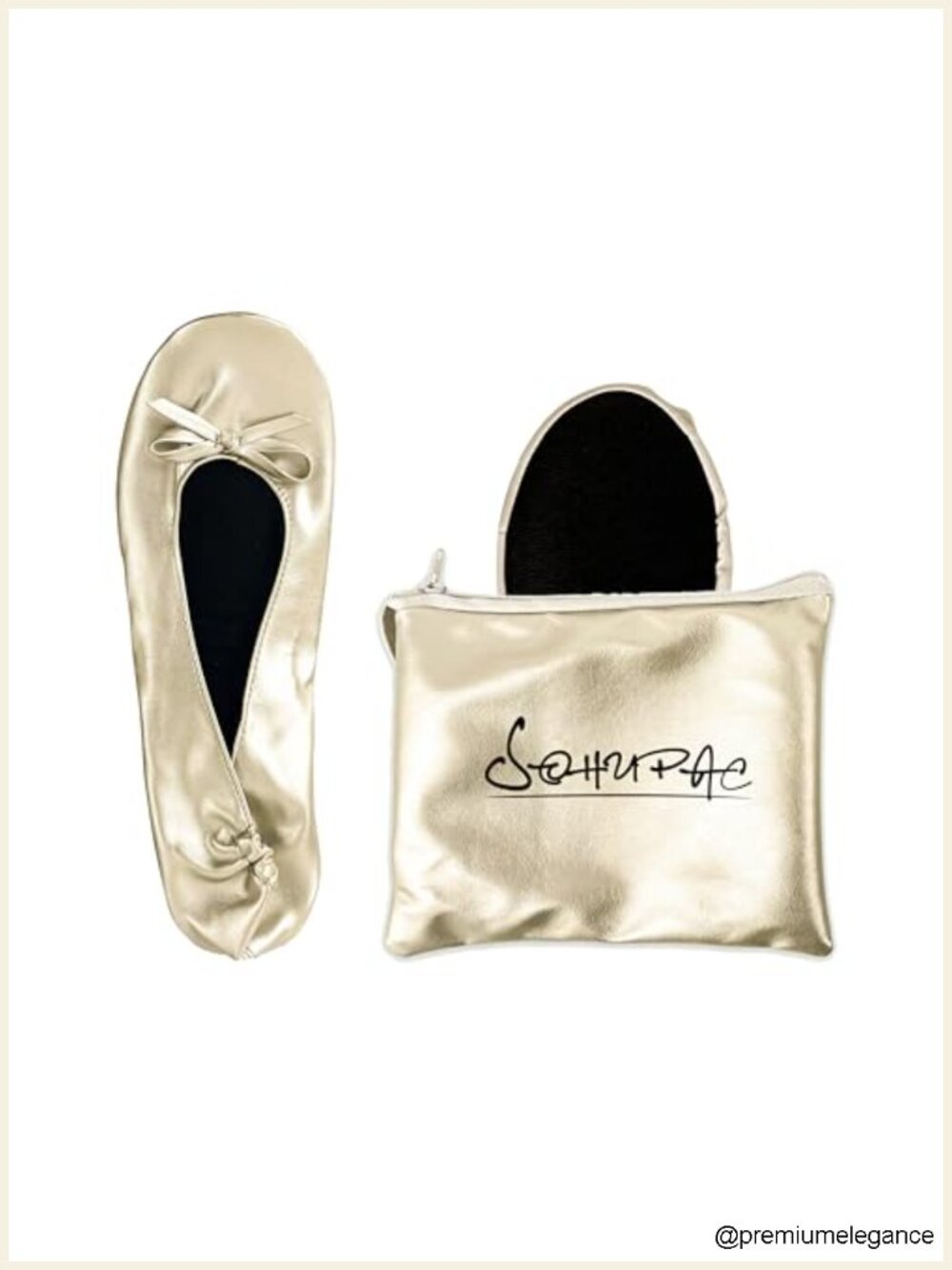 Foldable Ballet Flats with Travel Pouch, Faux Leather, Cushioned Non-Slip, for
